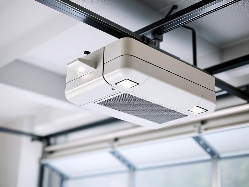 Modern garage door opener unit mounted on ceiling with LED lights