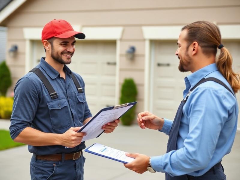 Technician providing repair estimate to homeowner with clipboard