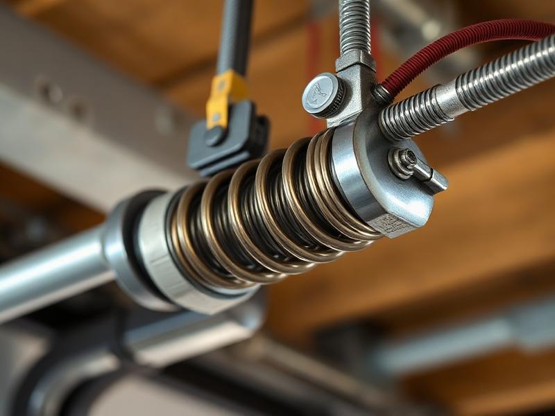 Close-up of garage door torsion spring mechanism showing professional repair