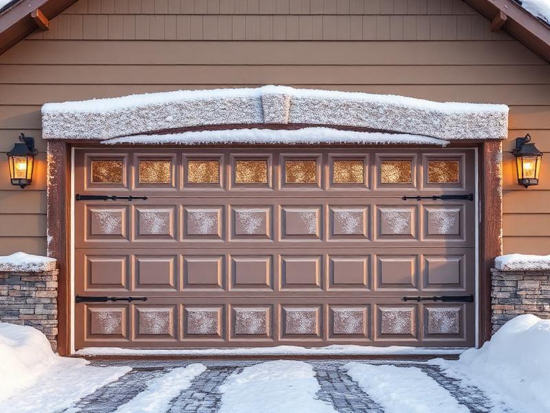 Garage door in winter conditions with snow and frost