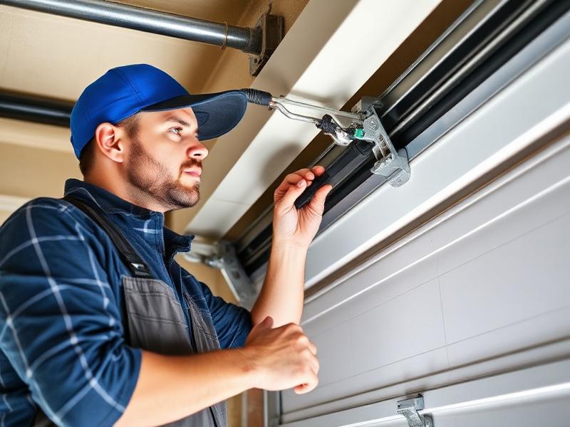 Certified technician adjusting garage door track alignment